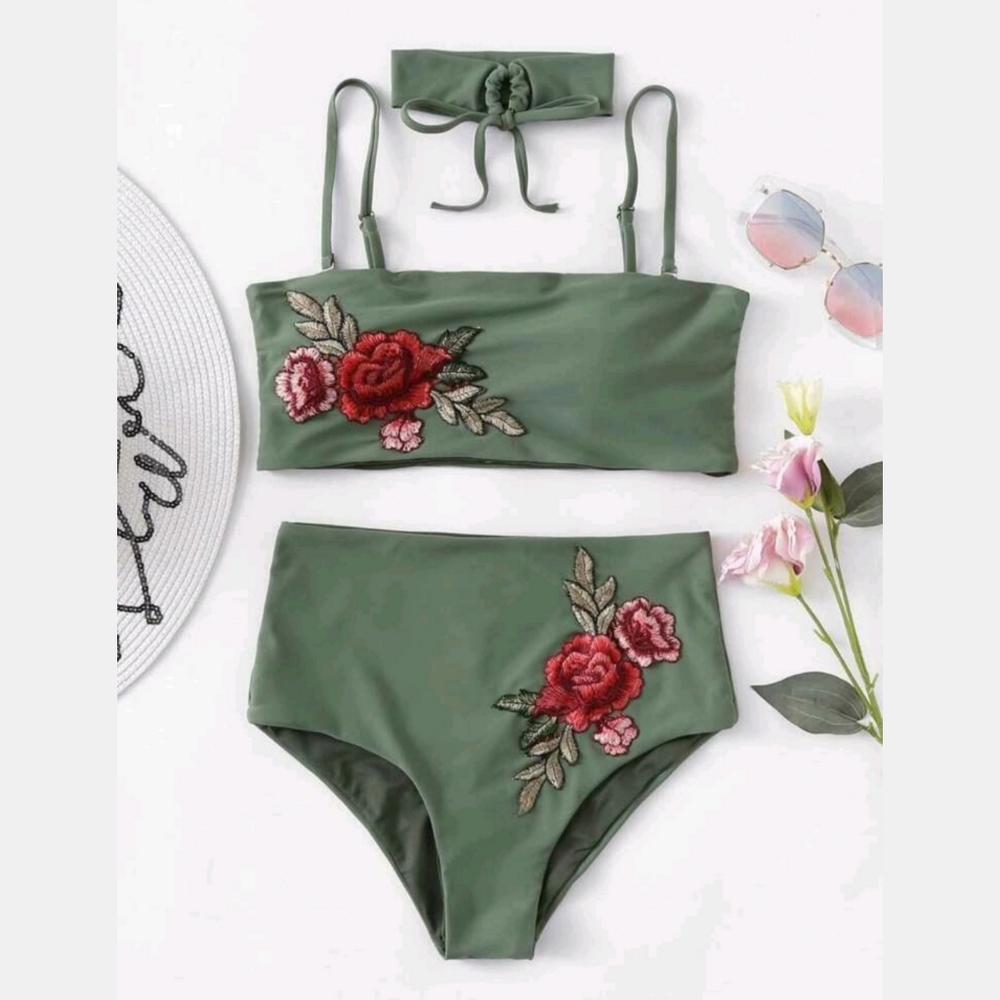 Shein Embroidered Rose High Waisted Bikini Set